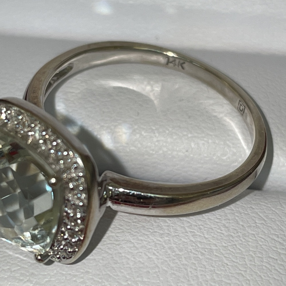 Dazzling White Gold Pale Green Prasiolite And Diamond Halo Ring - Picture 16 of 16